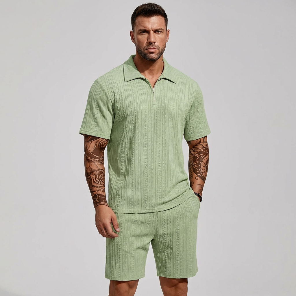 Wearclo | Men's Textured Polo Shirt & Shorts Set