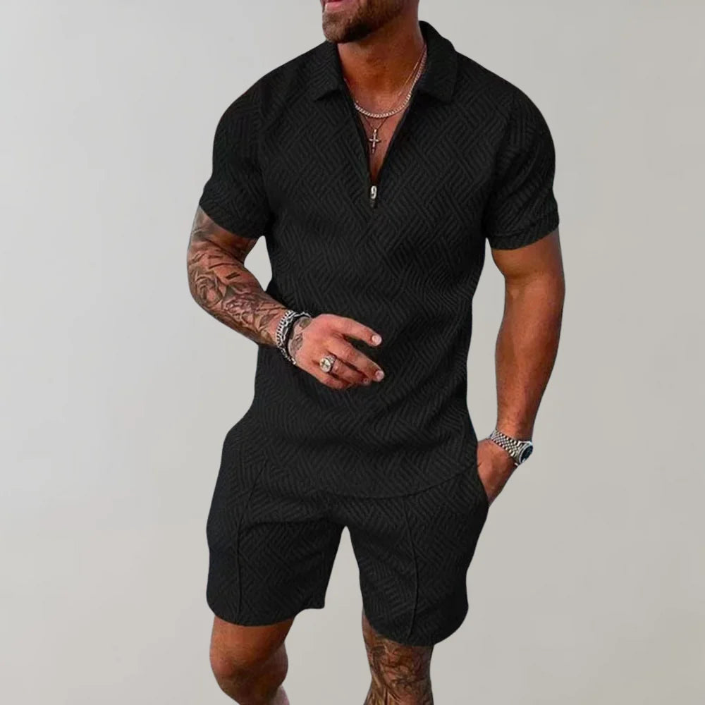 Wearclo | Men's Zip Polo Shirt & Shorts Set Textured