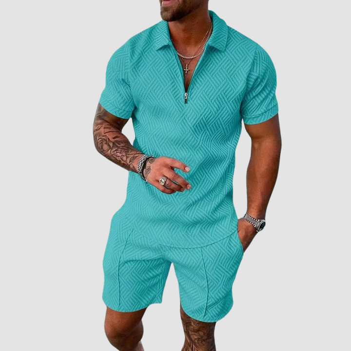 Wearclo | Men's Zip Polo Shirt & Shorts Set Textured