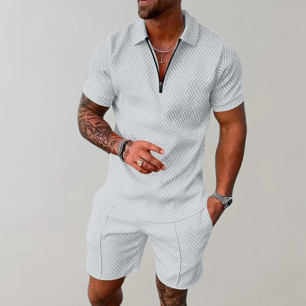 Wearclo | Men's Zip Polo Shirt & Shorts Set Textured