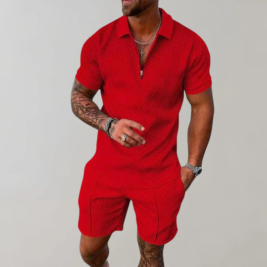 Wearclo | Men's Zip Polo Shirt & Shorts Set Textured