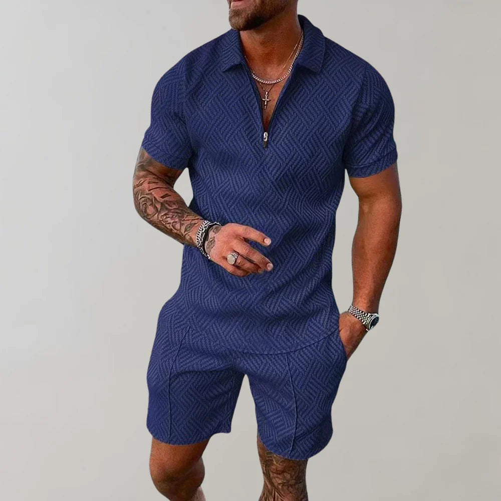 Wearclo | Men's Zip Polo Shirt & Shorts Set Textured