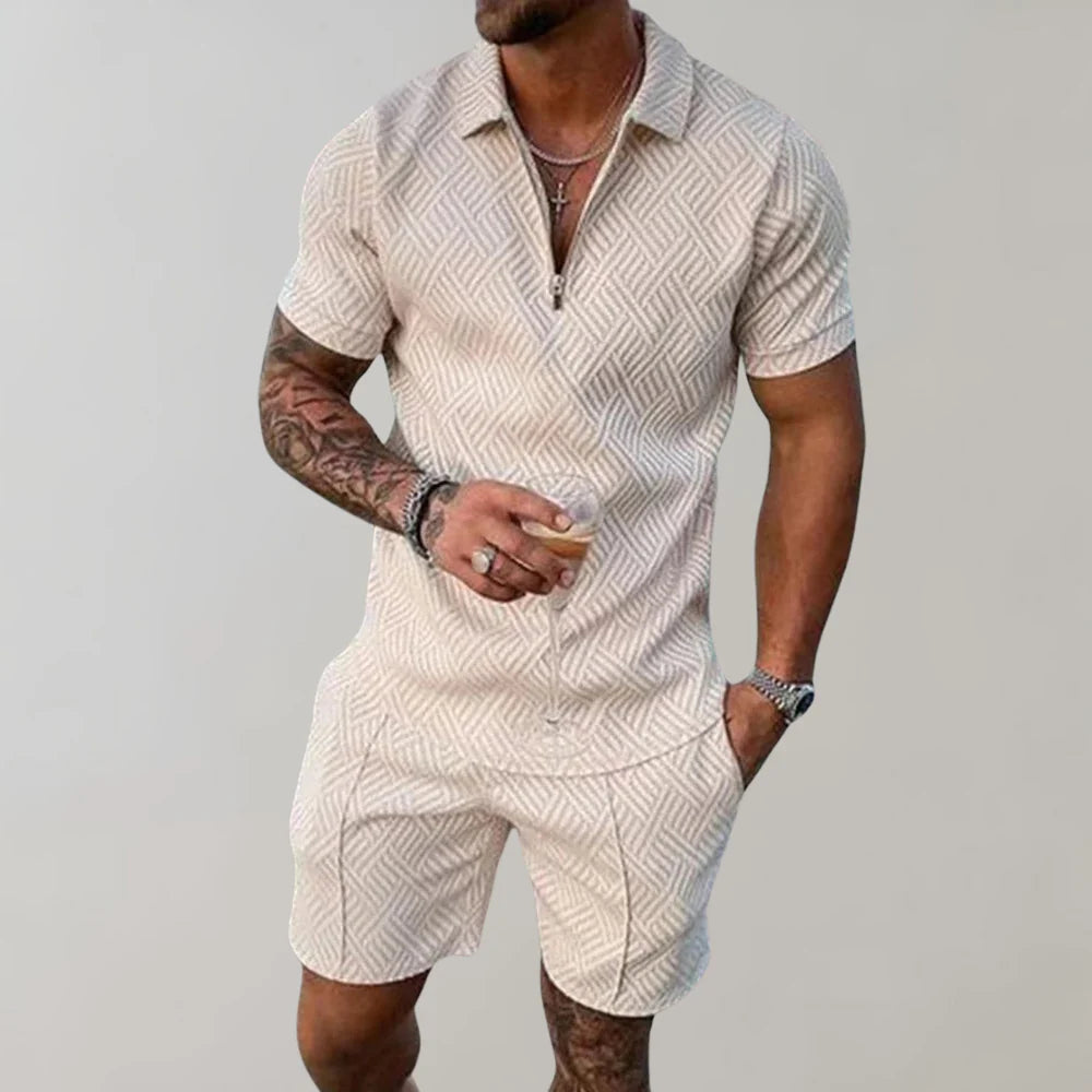 Wearclo | Men's Zip Polo Shirt & Shorts Set Textured