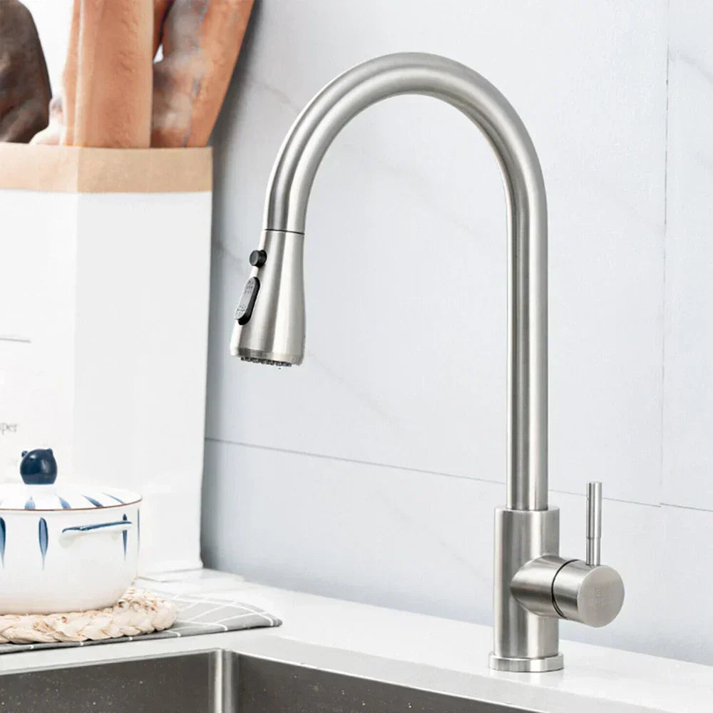 Wearclo | Pull-Out Faucet with Single Lever Mixer – Flexible Faucet with Shower Function, High Quality Stainless Steel, Ideal for Modern Kitchens, Easy Installation