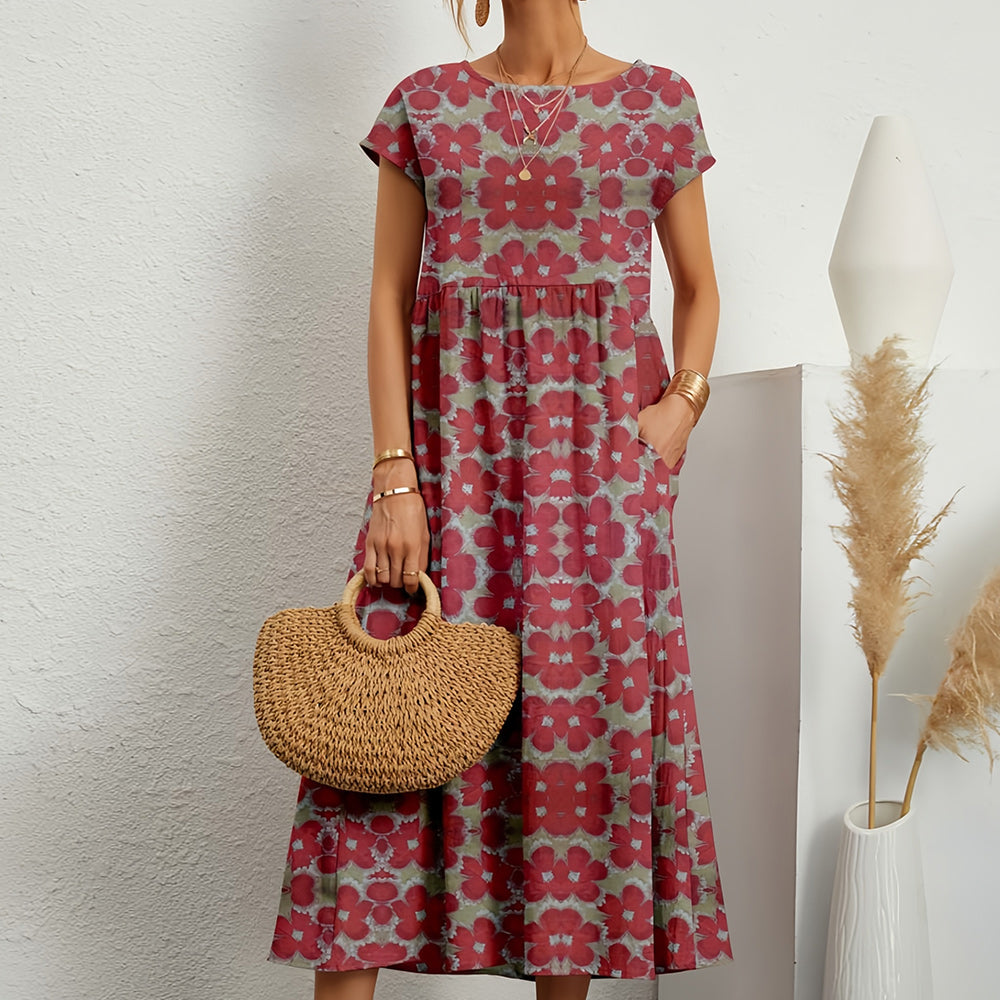 Wearclo | Short-Sleeved, Loose-Fitting Midi Dress with Round Neckline