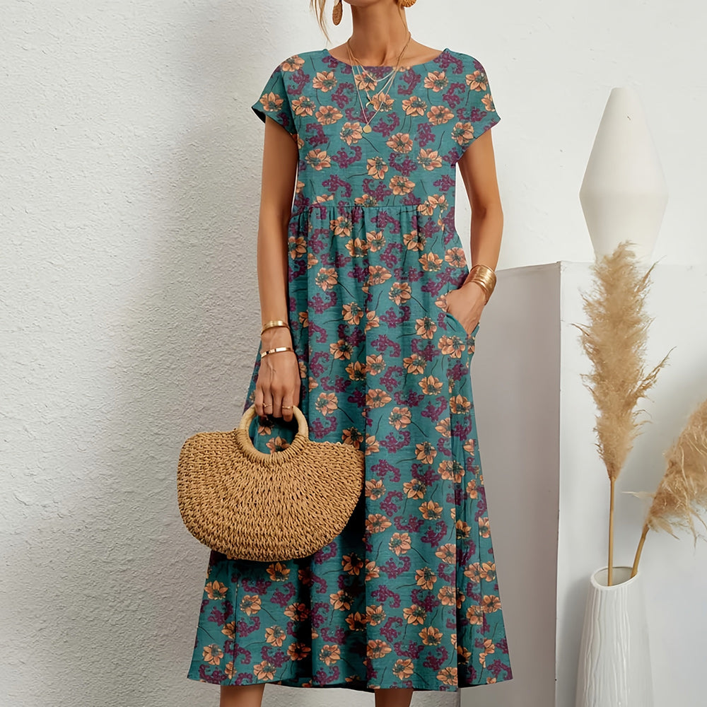 Wearclo | Short-Sleeved, Loose-Fitting Midi Dress with Round Neckline
