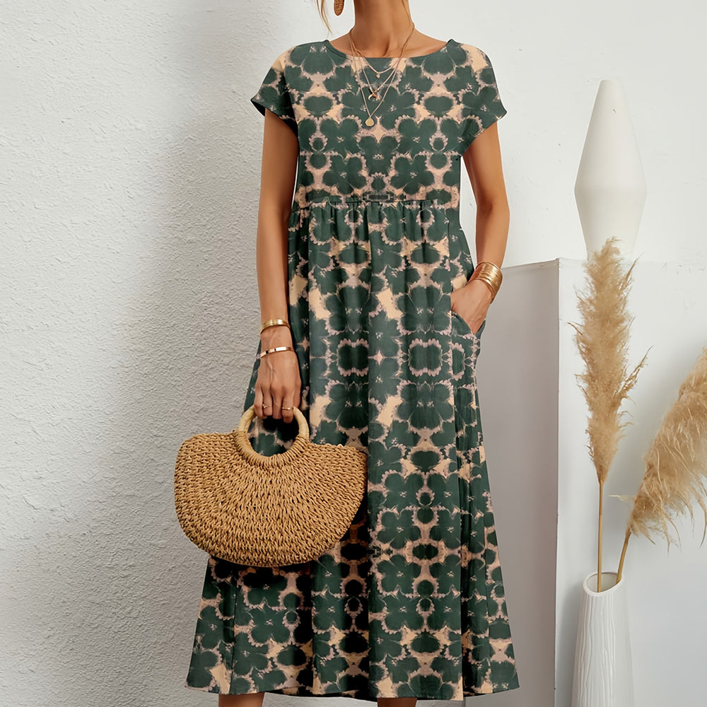 Wearclo | Short-Sleeved, Loose-Fitting Midi Dress with Round Neckline