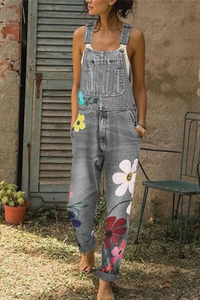 Wearclo | Artistic Floral Denim Overalls