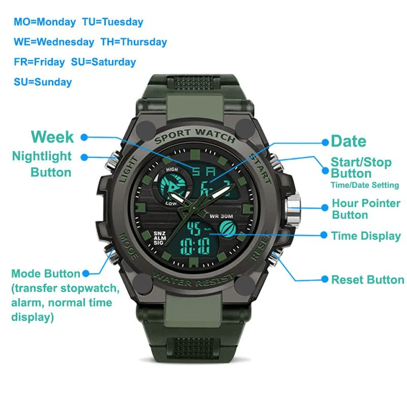 Wearclo | Sporty Dual-Display Mode Multifunctional Waterproof Luminous Men's Watch