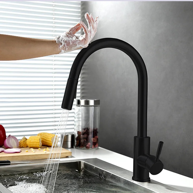Wearclo | TouchTech Retractable Kitchen Faucet – Sensor Touchless Mixer Tap with Flexible Spout | Modern Brass Faucet