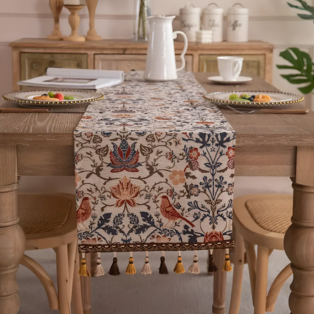 Wearclo | Vintage Floral & Bird Jacquard Table Runner