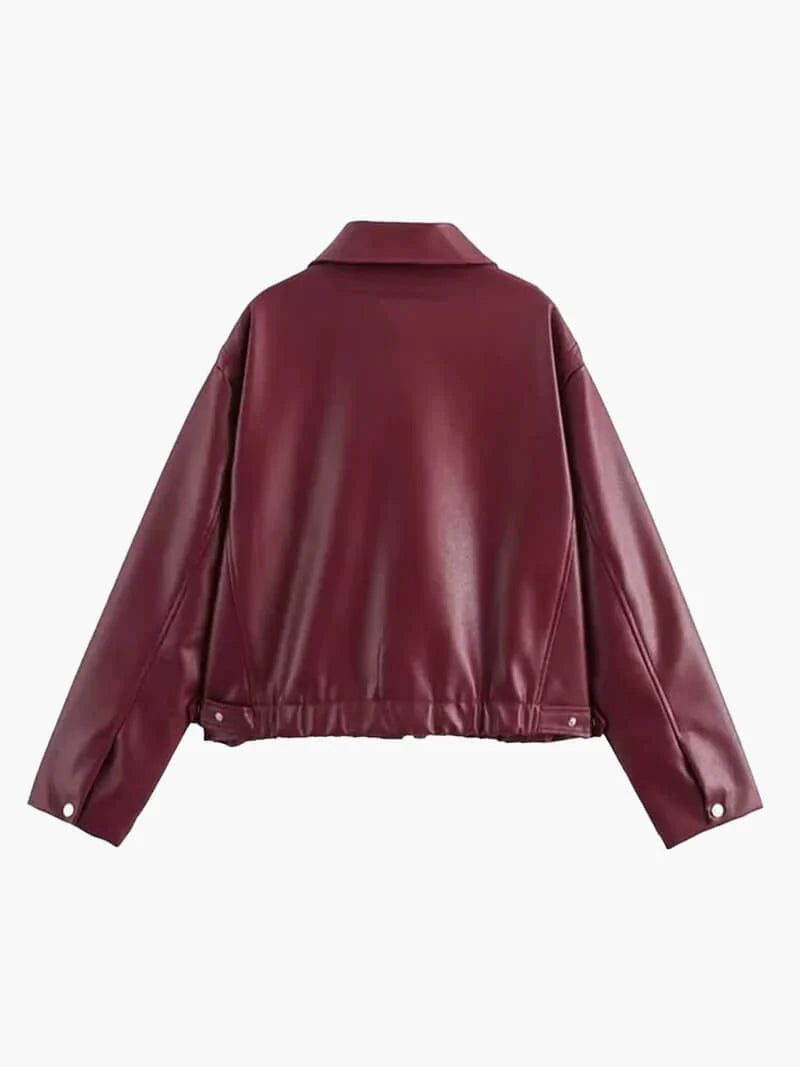 Wearclo | Women's Faux Leather Bomber Jacket with Zip Detail