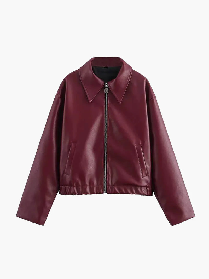 Wearclo | Women's Faux Leather Bomber Jacket with Zip Detail