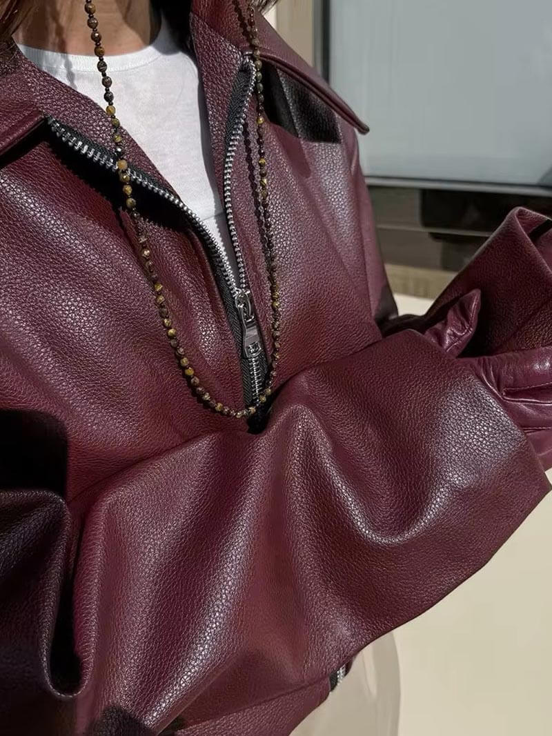 Wearclo | Women's Faux Leather Bomber Jacket with Zip Detail