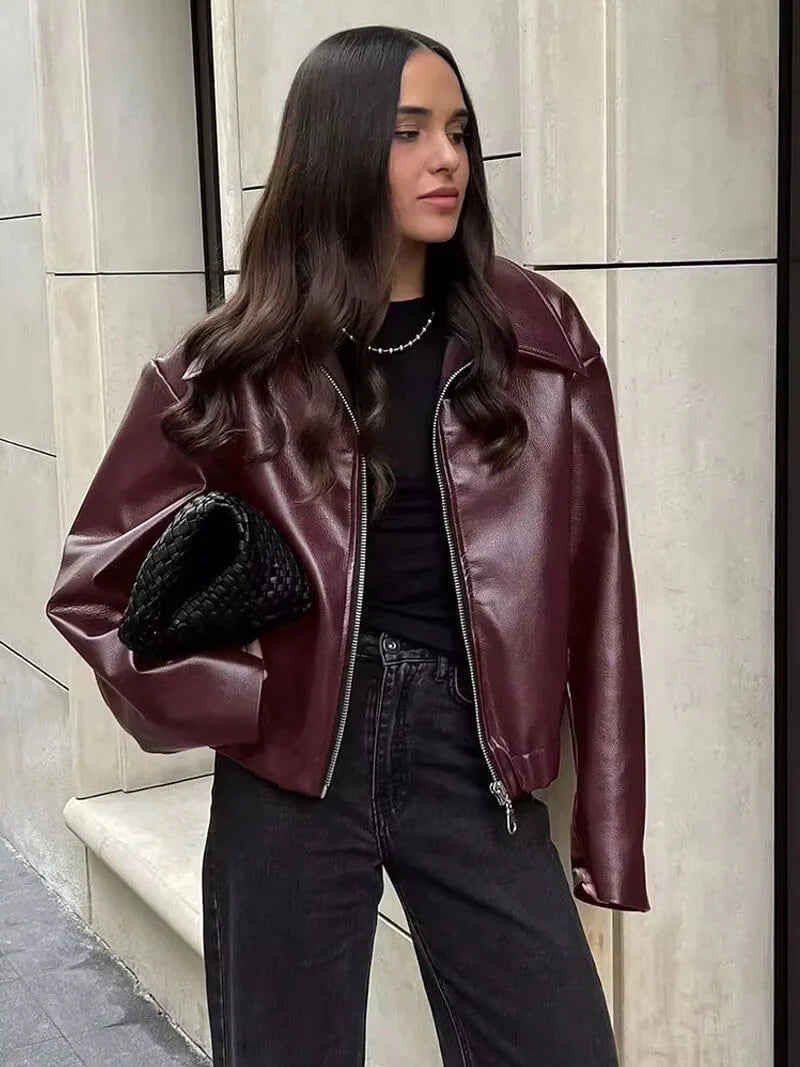 Wearclo | Women's Faux Leather Bomber Jacket with Zip Detail