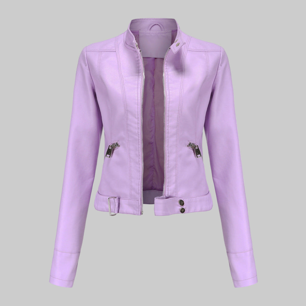 Wearclo | Women's Faux Leather Jacket with Stand Collar