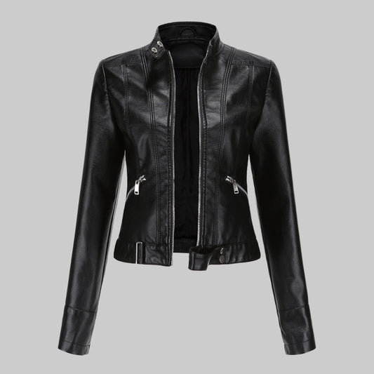 Wearclo | Women's Faux Leather Jacket with Stand Collar