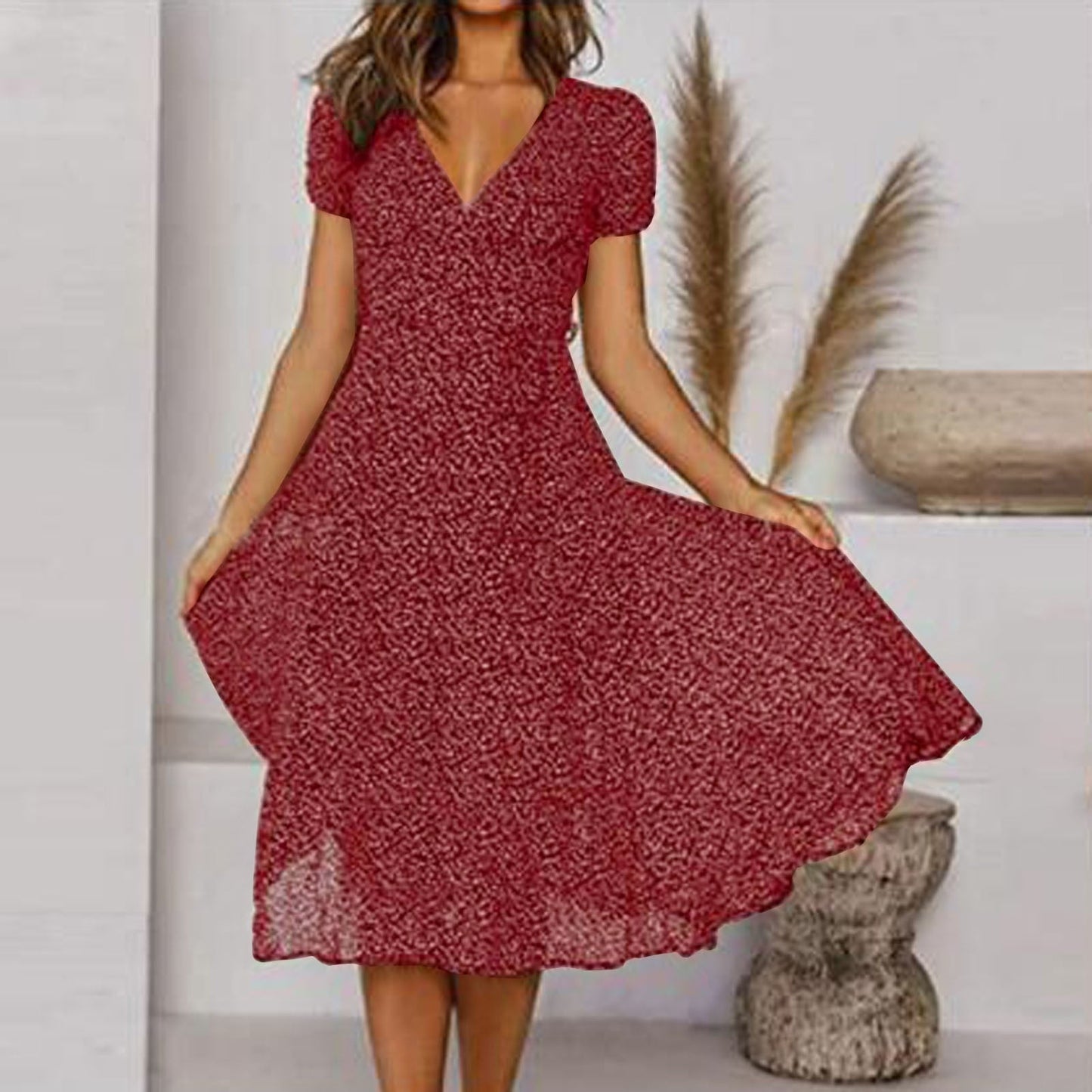 Wearclo | Women's Floral V-Neck A-Line Midi Dress
