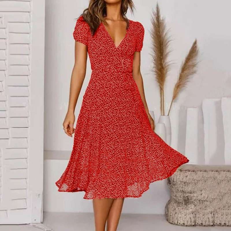 Wearclo | Women's Floral V-Neck A-Line Midi Dress