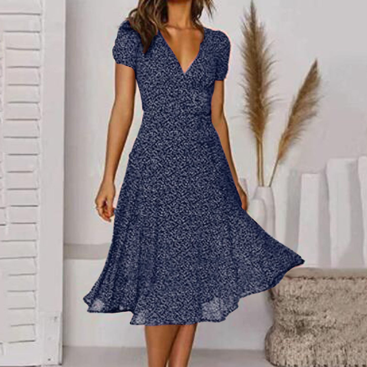Wearclo | Women's Floral V-Neck A-Line Midi Dress