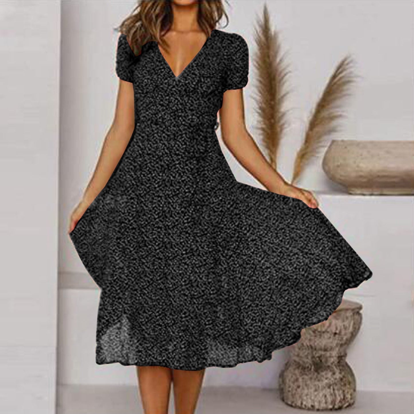 Wearclo | Women's Floral V-Neck A-Line Midi Dress