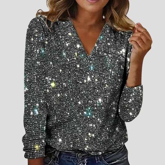 Wearclo | Women's Glitter V-Neck Long Sleeve Blouse