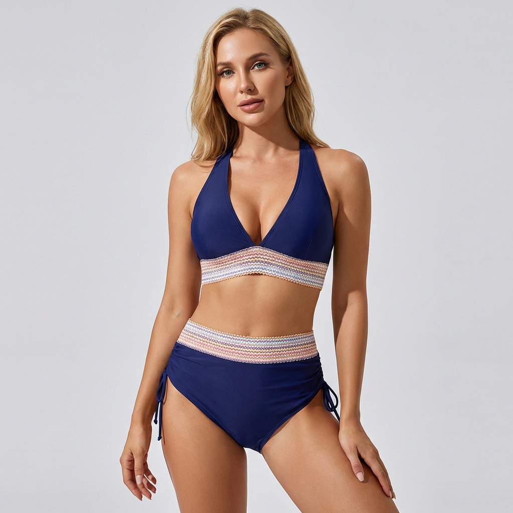 Wearclo | Women's High-Waisted Bikini with Striped Trim