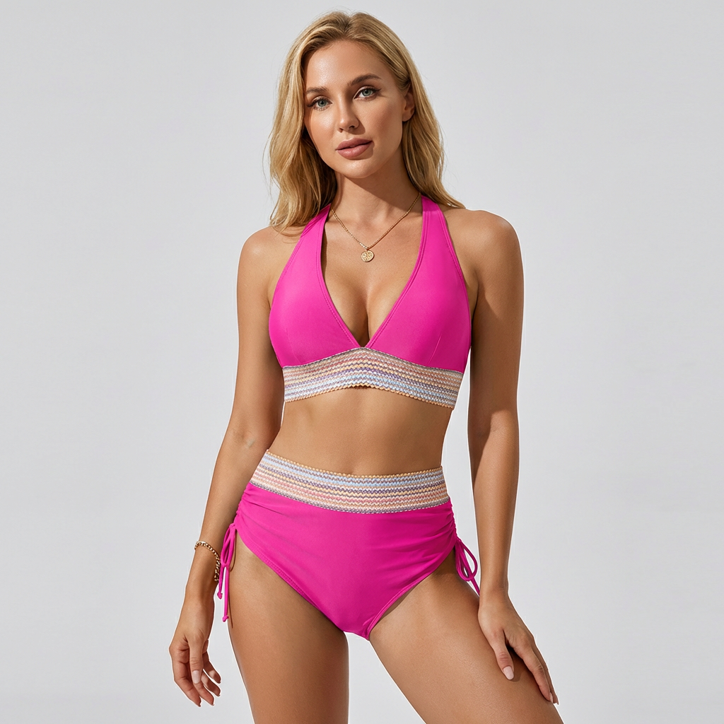 Wearclo | Women's High-Waisted Bikini with Striped Trim