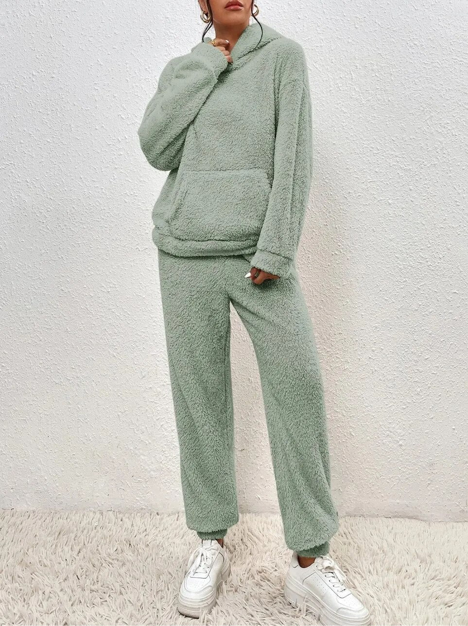 Wearclo | Women's Hooded Loungewear Set Fuzzy Plush Jogger