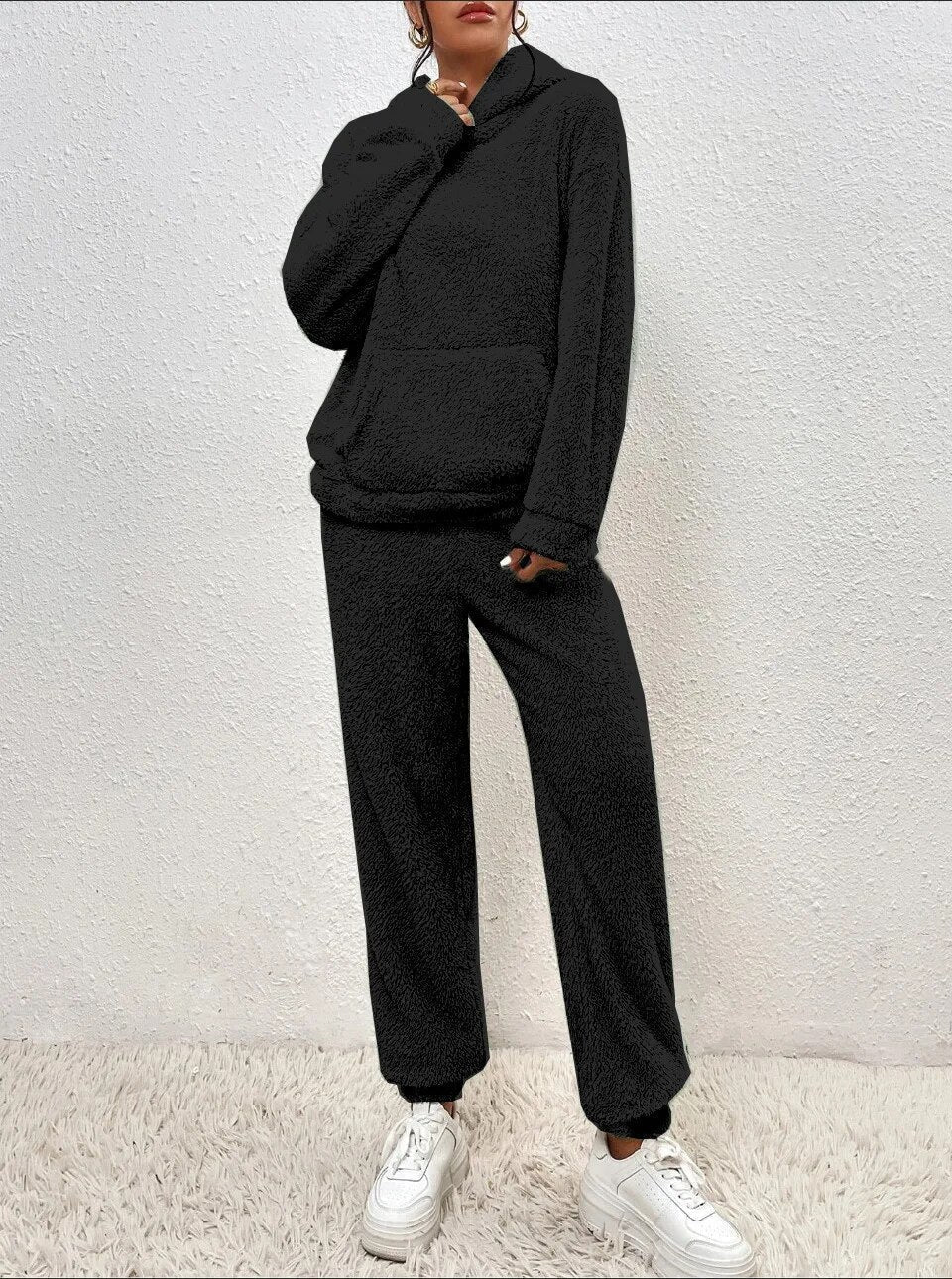 Wearclo | Women's Hooded Loungewear Set Fuzzy Plush Jogger
