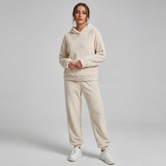 Wearclo | Women's Hooded Loungewear Set Fuzzy Plush Jogger