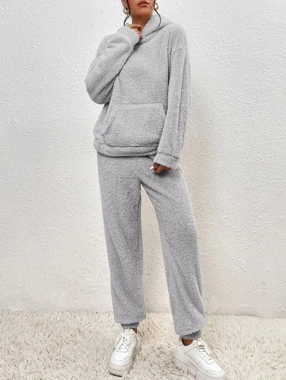 Wearclo | Women's Hooded Loungewear Set Fuzzy Plush Jogger