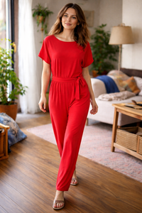 Wearclo | Relaxed Wide-Leg Jumpsuit with Waist Tie