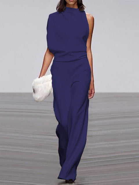 Wearclo Women's Jumpsuit with Round Neckline, Sleeveless and Wide Leg