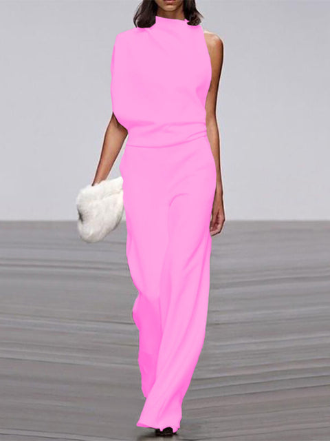 Wearclo Women's Jumpsuit with Round Neckline, Sleeveless and Wide Leg