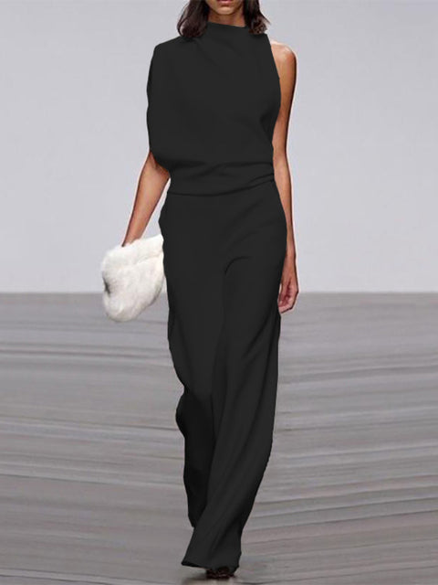 Wearclo Women's Jumpsuit with Round Neckline, Sleeveless and Wide Leg