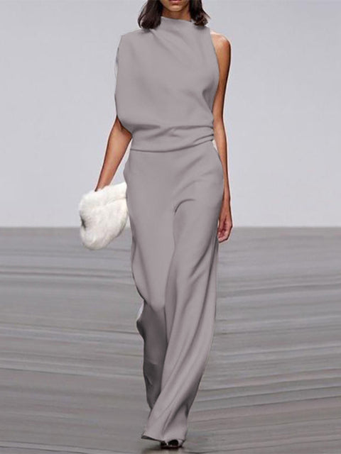 Wearclo Women's Jumpsuit with Round Neckline, Sleeveless and Wide Leg