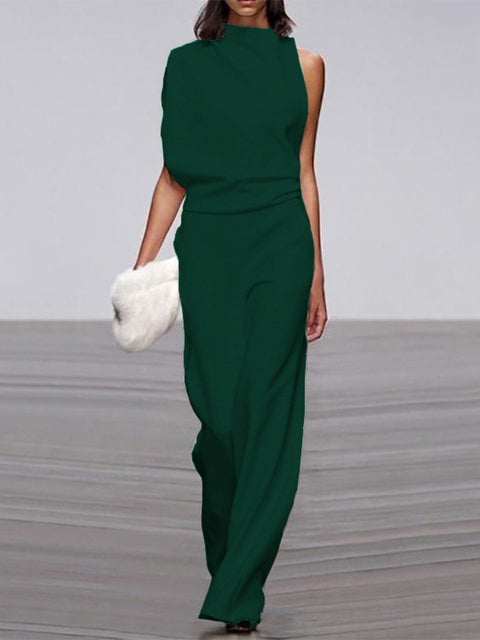 Wearclo Women's Jumpsuit with Round Neckline, Sleeveless and Wide Leg