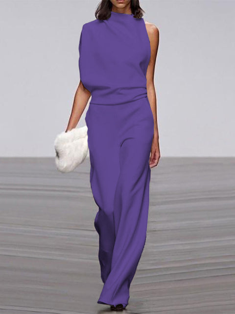 Wearclo Women's Jumpsuit with Round Neckline, Sleeveless and Wide Leg
