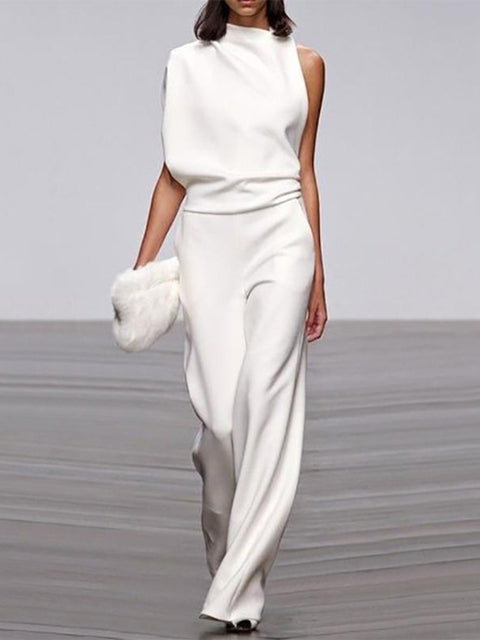 Wearclo Women's Jumpsuit with Round Neckline, Sleeveless and Wide Leg