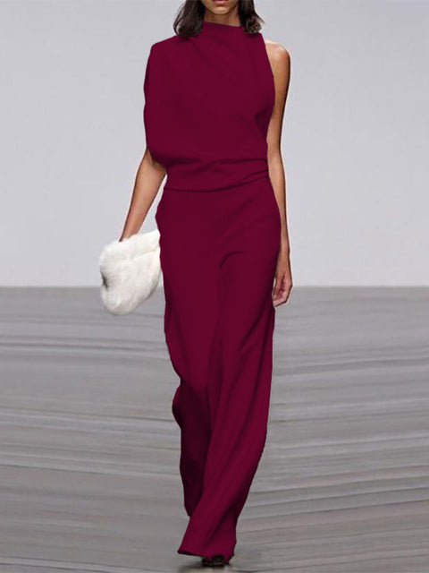 Wearclo Women's Jumpsuit with Round Neckline, Sleeveless and Wide Leg