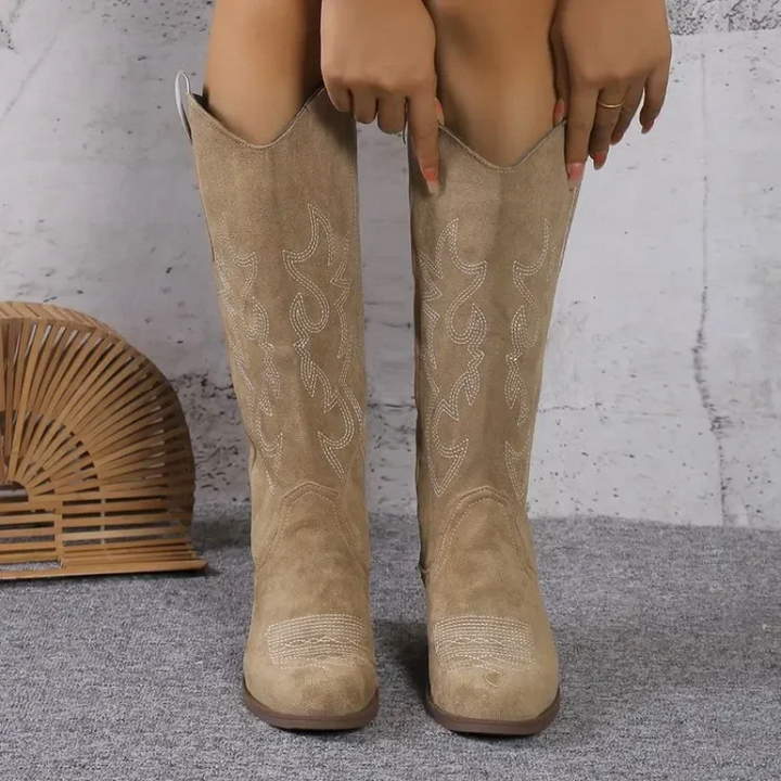 Wearclo | Women's Knee-High Embroidered Cowboy Boots
