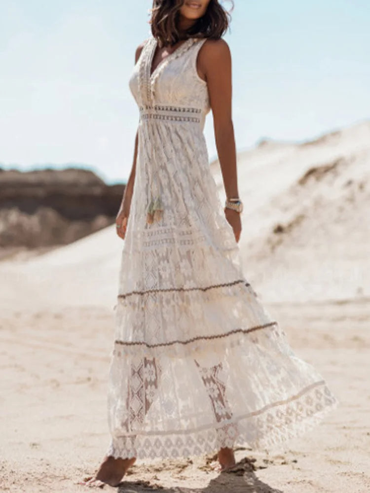 Wearclo | Women's Lace Maxi Dress with Flair Sleeves