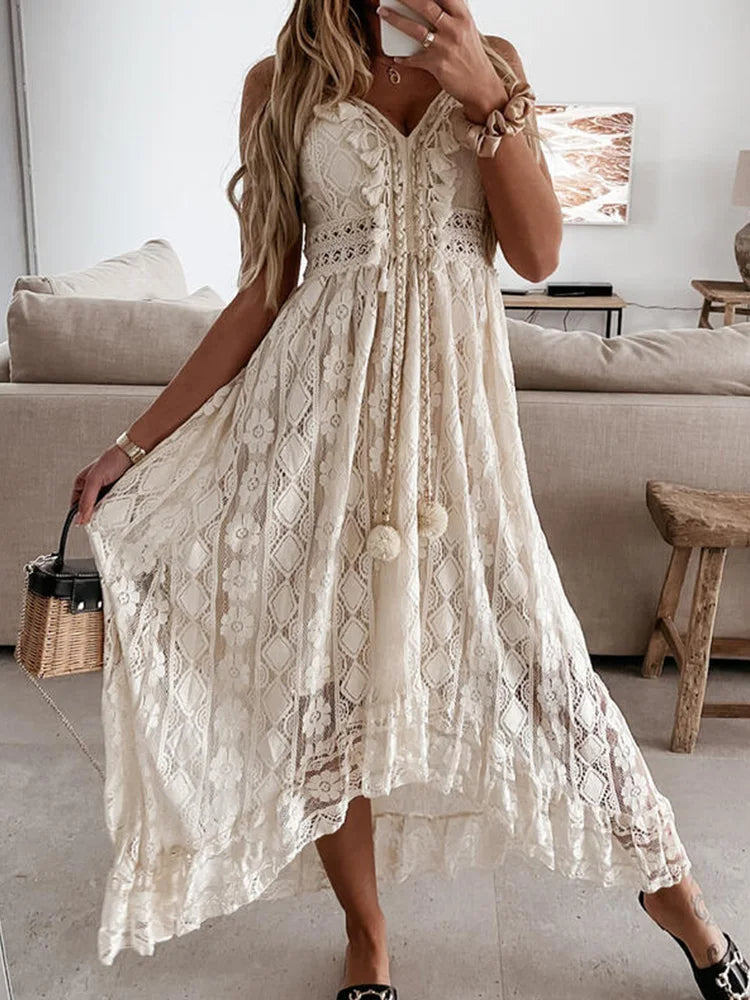 Wearclo | Women's Lace Maxi Dress with Flair Sleeves