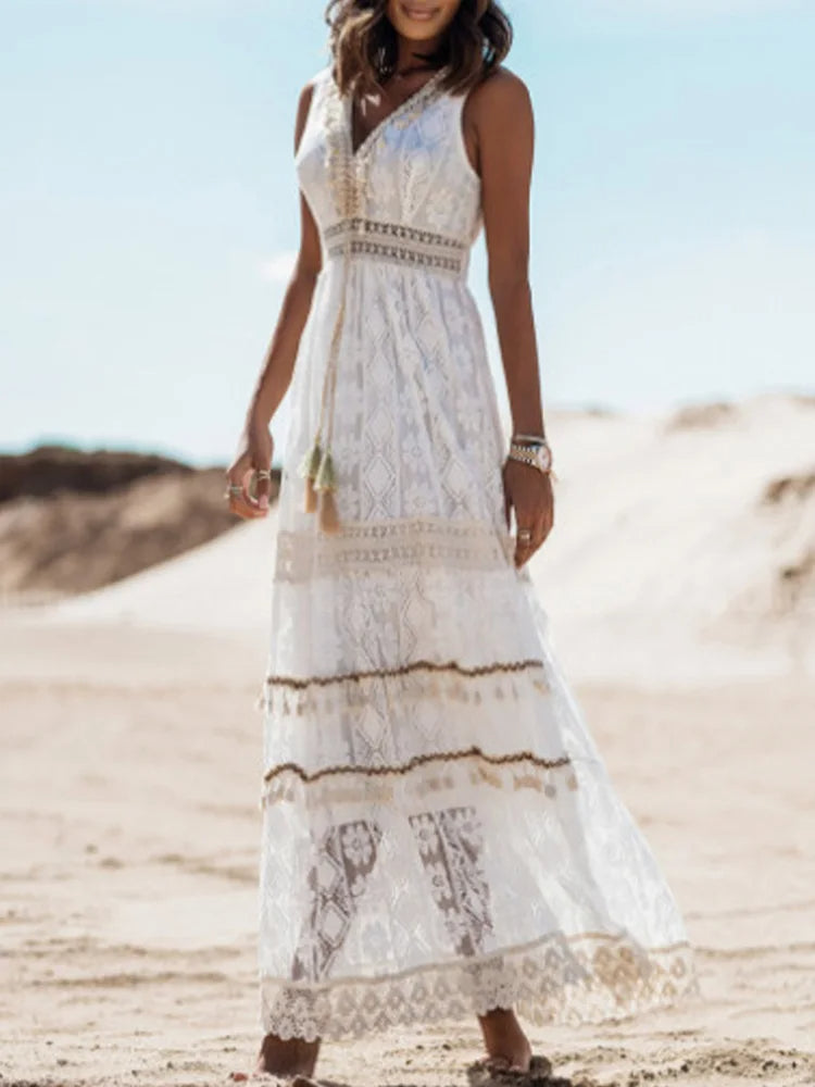 Wearclo | Women's Lace Maxi Dress with Flair Sleeves