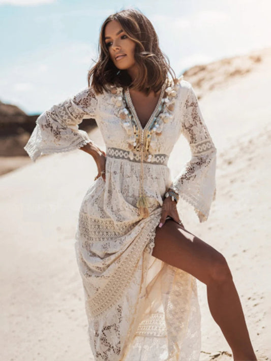 Wearclo | Women's Lace Maxi Dress with Flair Sleeves