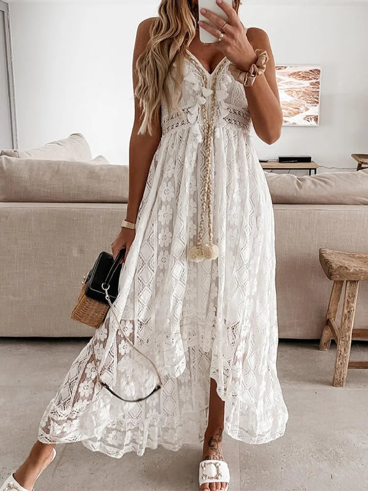 Wearclo | Women's Lace Maxi Dress with Flair Sleeves