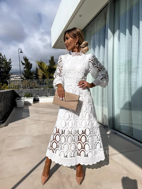 Wearclo | Women's Lace Midi Dress with High Neck
