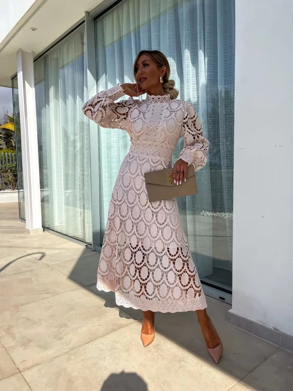 Wearclo | Women's Lace Midi Dress with High Neck