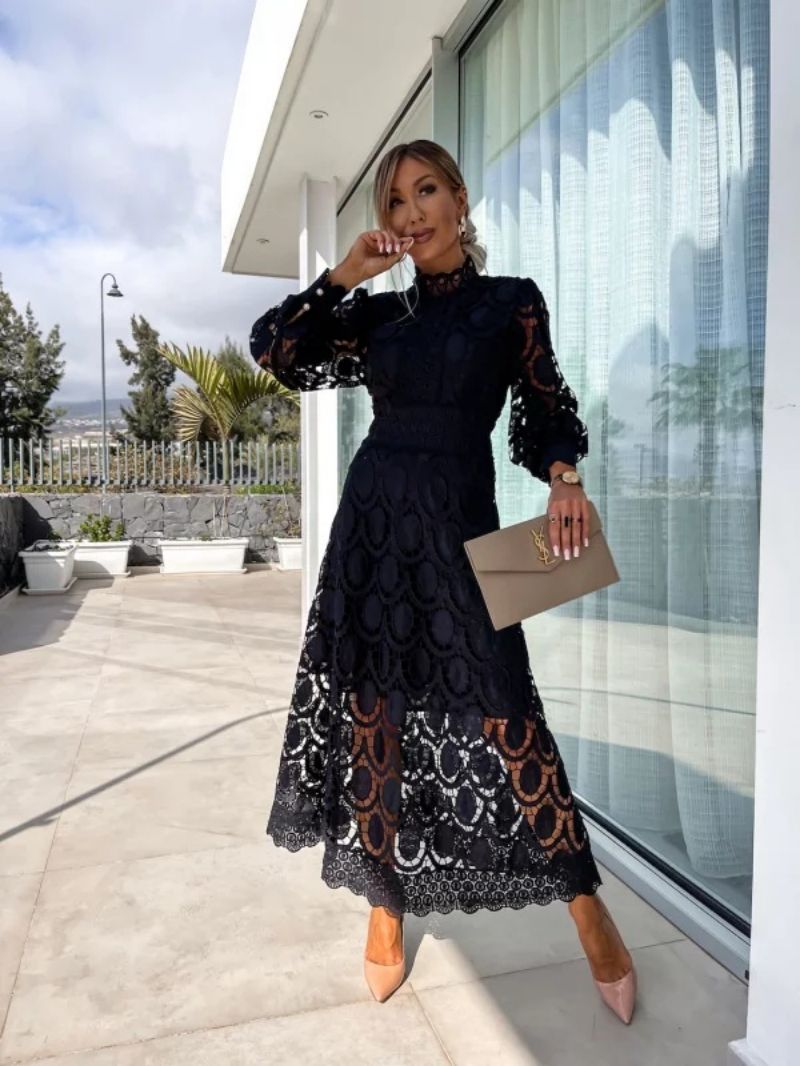 Wearclo | Women's Lace Midi Dress with High Neck